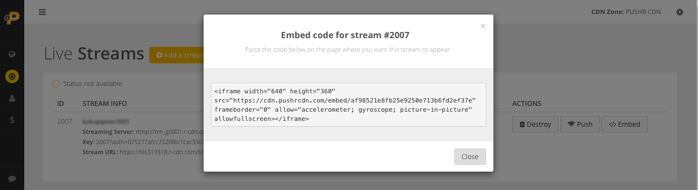 Using iframe code to embed live stream player