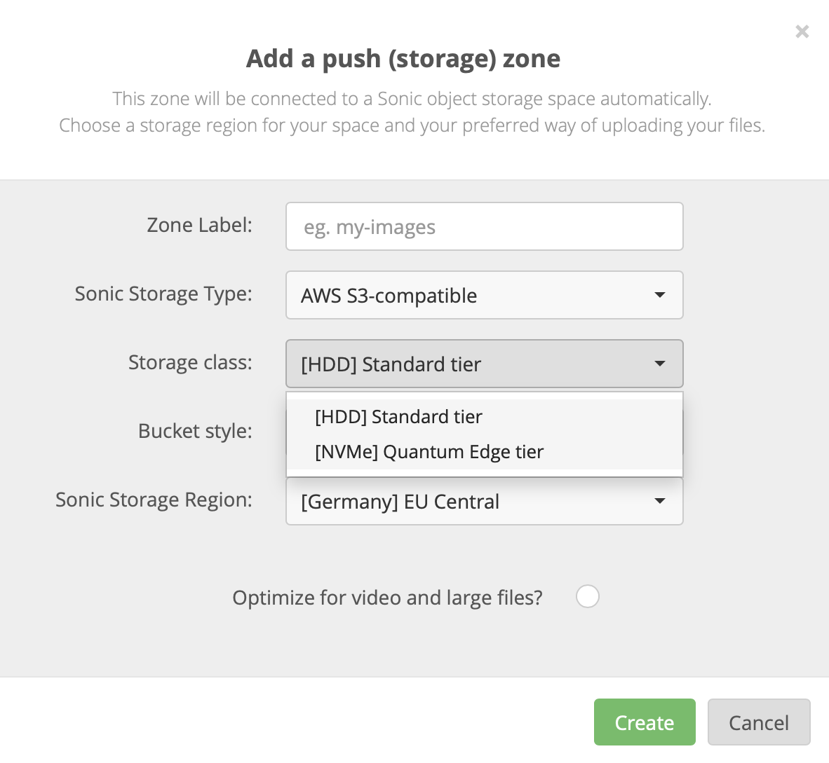 Create a Sonic Quantum storage zone